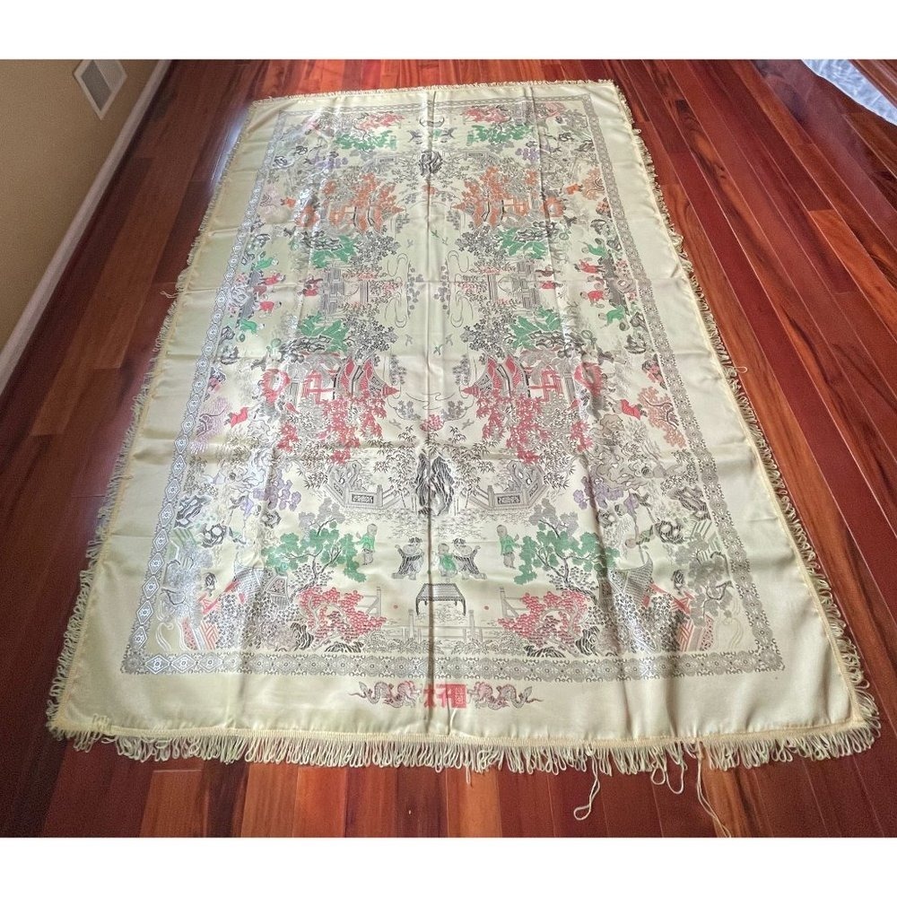 Vintage Chinese Cantonese Brocade Textile 56x76 Scenic Tapestry Fringe